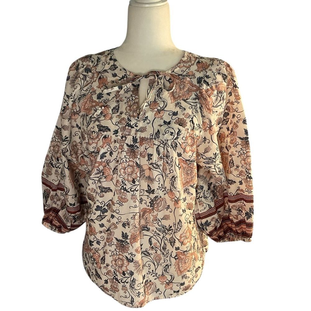 C & C California Peach Blue Cotton Floral Boho Babydoll Peasant Top Size M